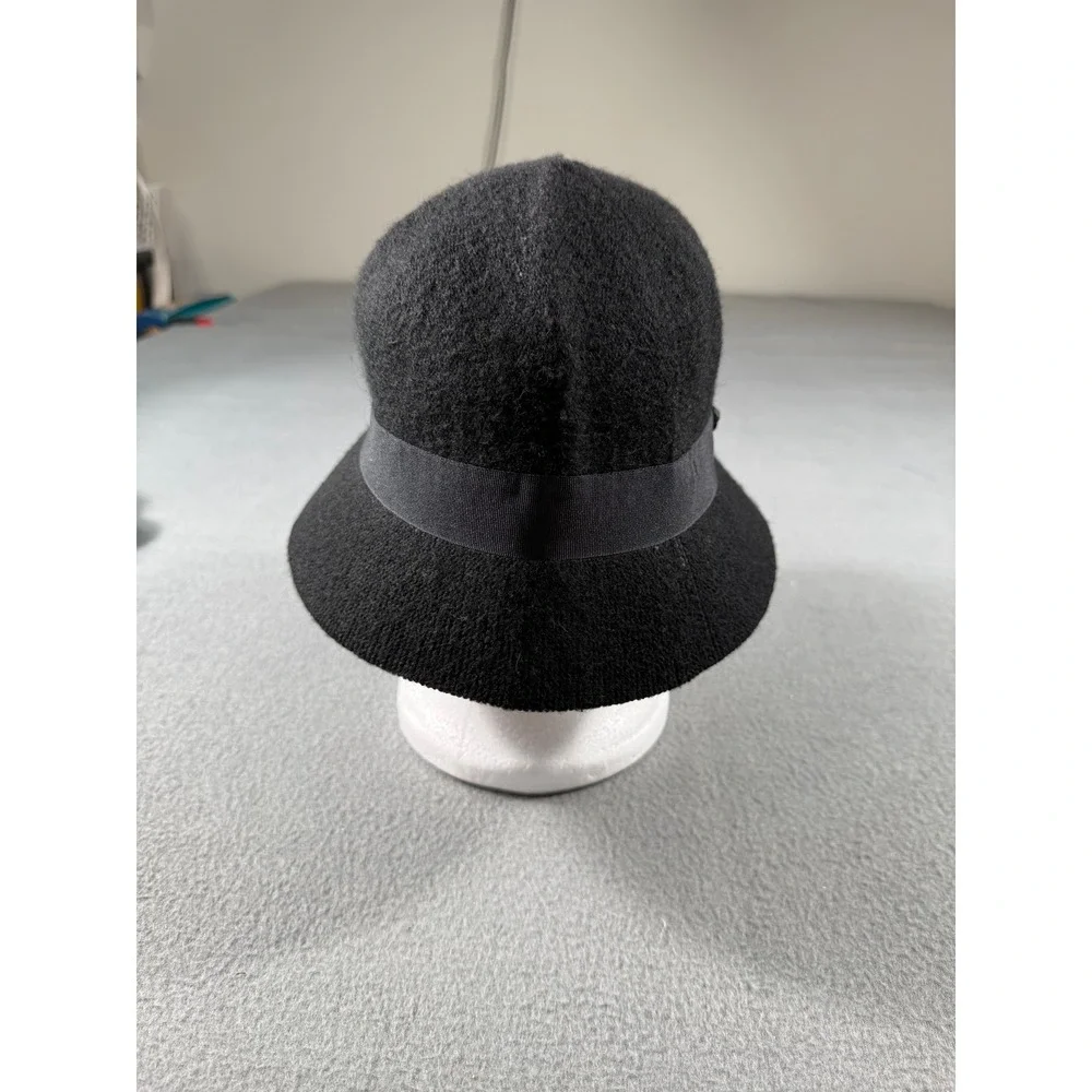 Black Wool Blend Cloche Bucket Hat Rhinestone Floral Accent One Size‎ Vintage